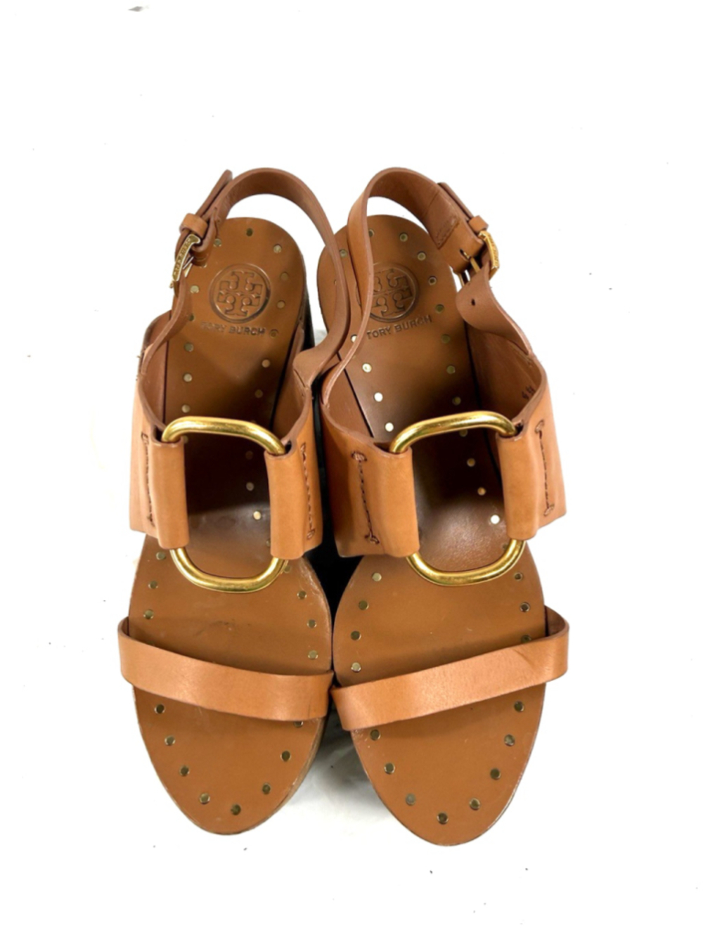 Tory Burch Ravello Tan Leather O-Ring Studded Platform Wedge Sandal size 7 - Picture 5 of 15